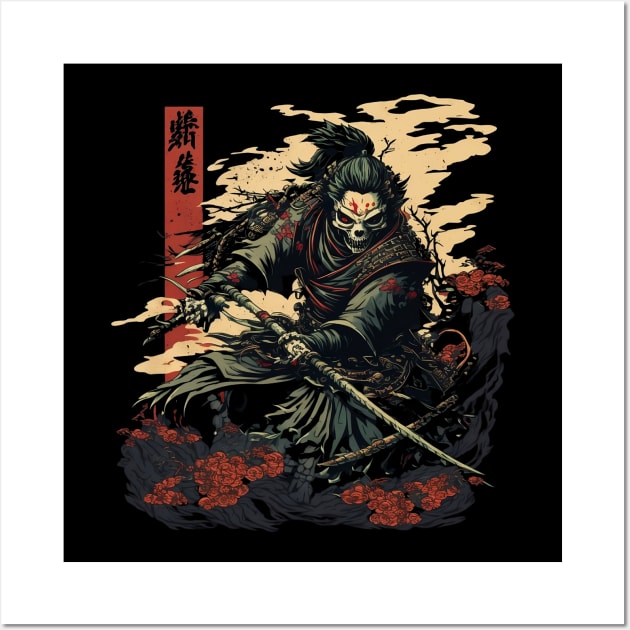 Deathly Defense A Skeleton Samurai's Battle-Ready Mask Wall Art by PlayfulPrints